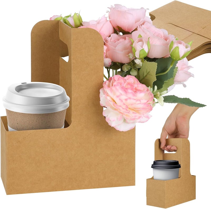 tchrules 60 pcs Brown Kraft Paper 2 Cup Drink Carrier with Handle – Disposable Kraft Paperboard Cup Holder for Hot or Cold Drinks, Take-Out Cup Carrier & Coffee Carrier for Food Delivery, 2-Cup Drink Tray - Image 1